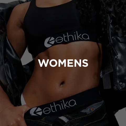 Ethika women’s campaign showing black branded underwear styled with denim.