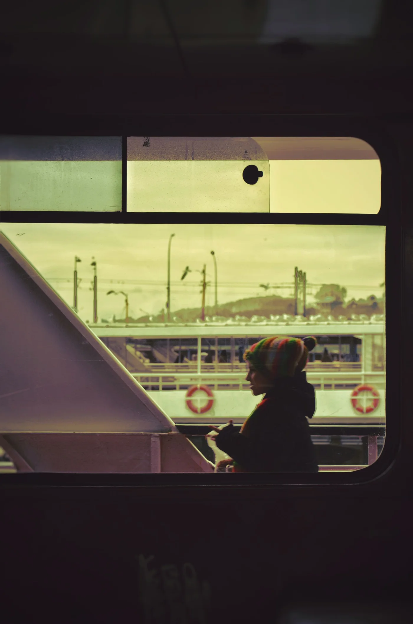 A passenger wearing a colorful hat seen through a train window.