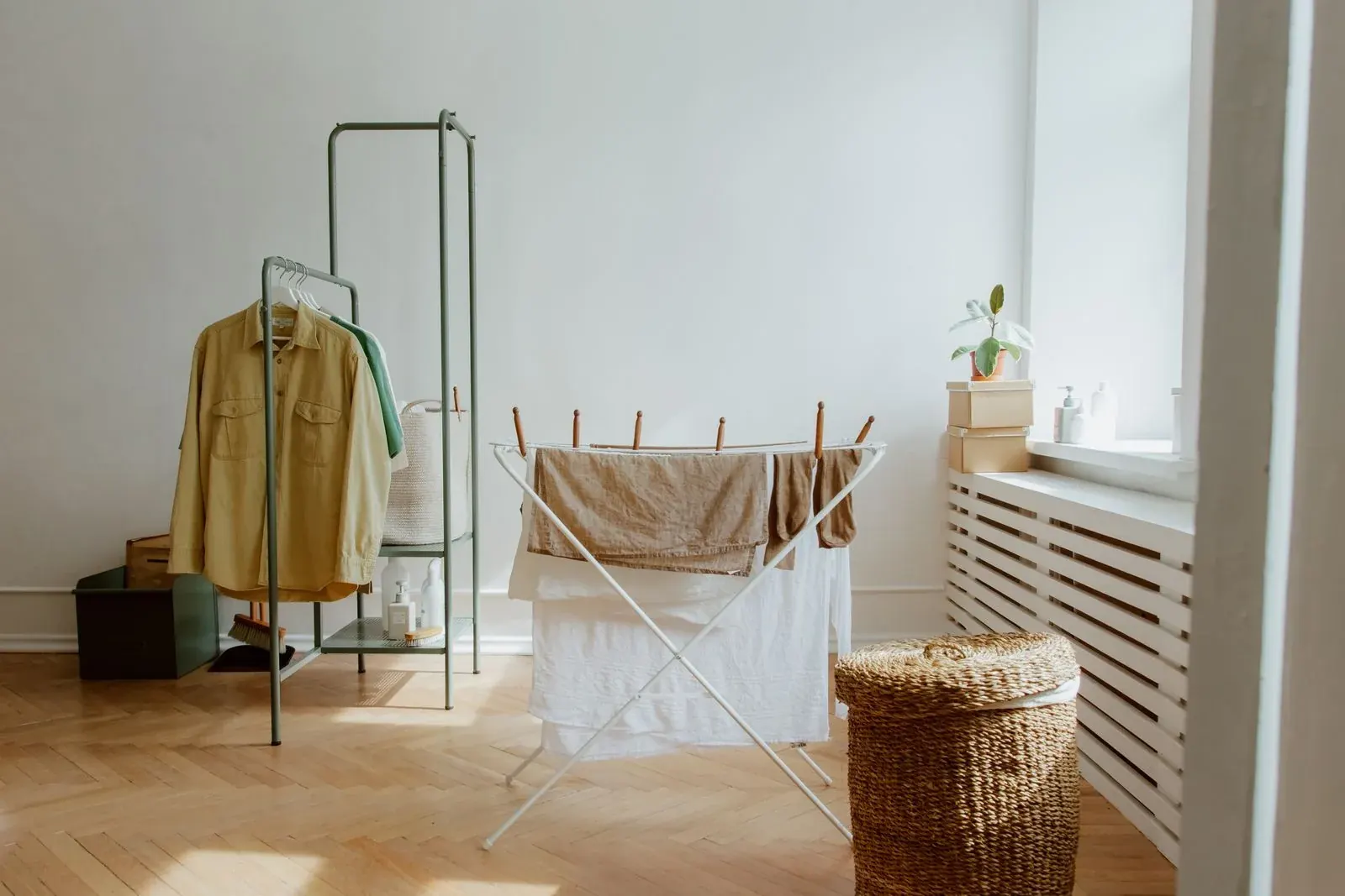 Clothing hanging to dry in a laundry room