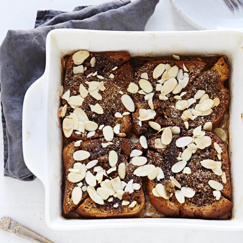 chai french toast in a baking dish