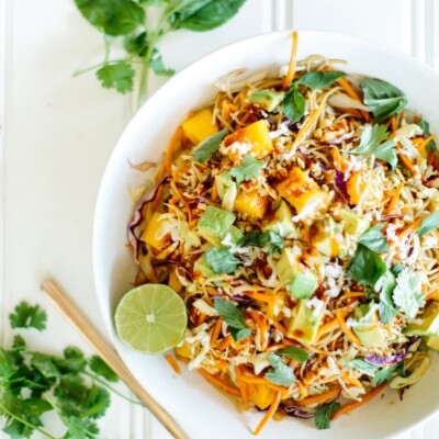 mango coconut soba noodle salad assembled in bowl