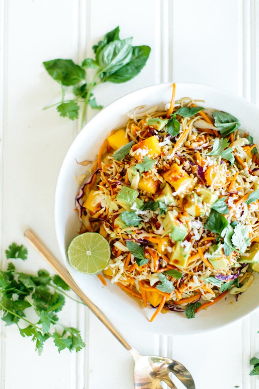 mango coconut soba noodle salad assembled in bowl