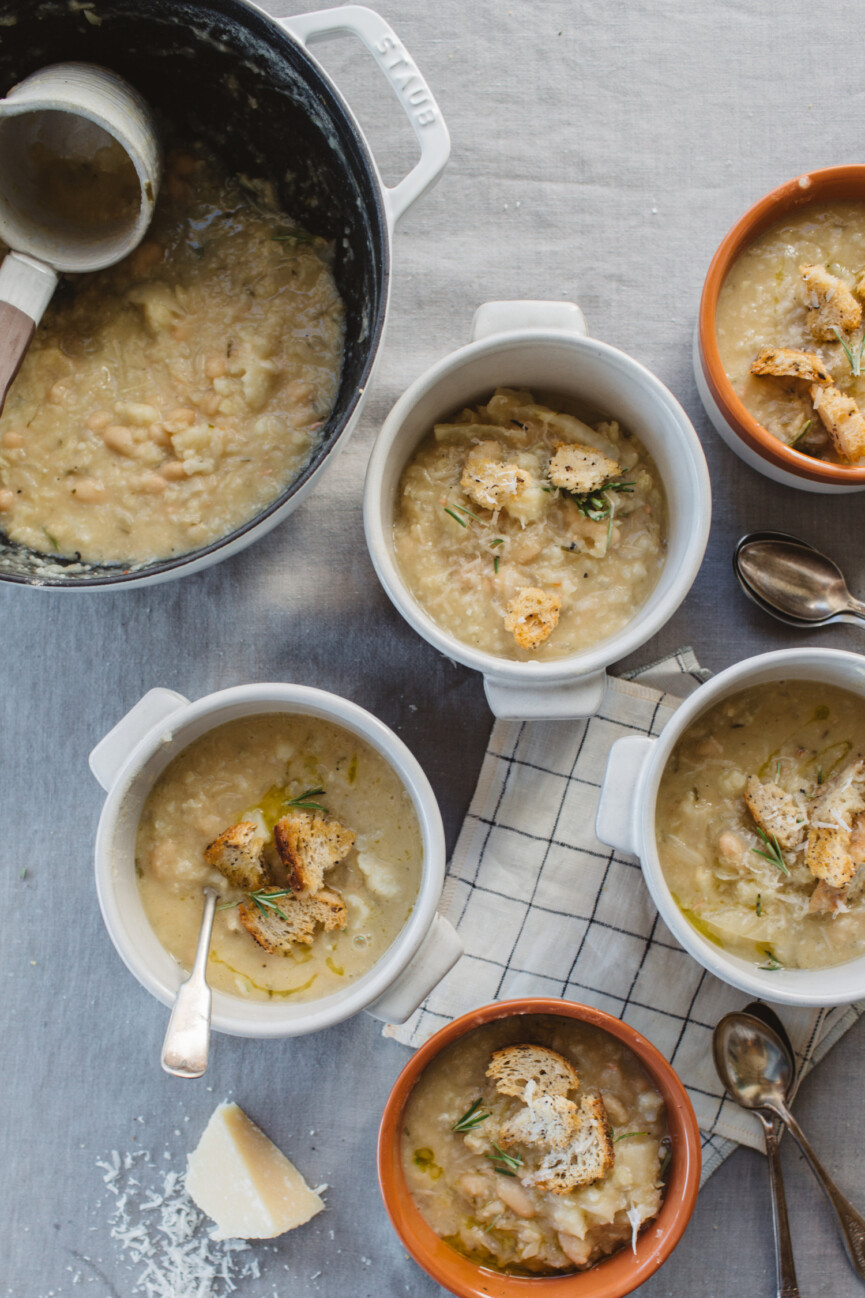 bowls of white bean and cauliflower soup