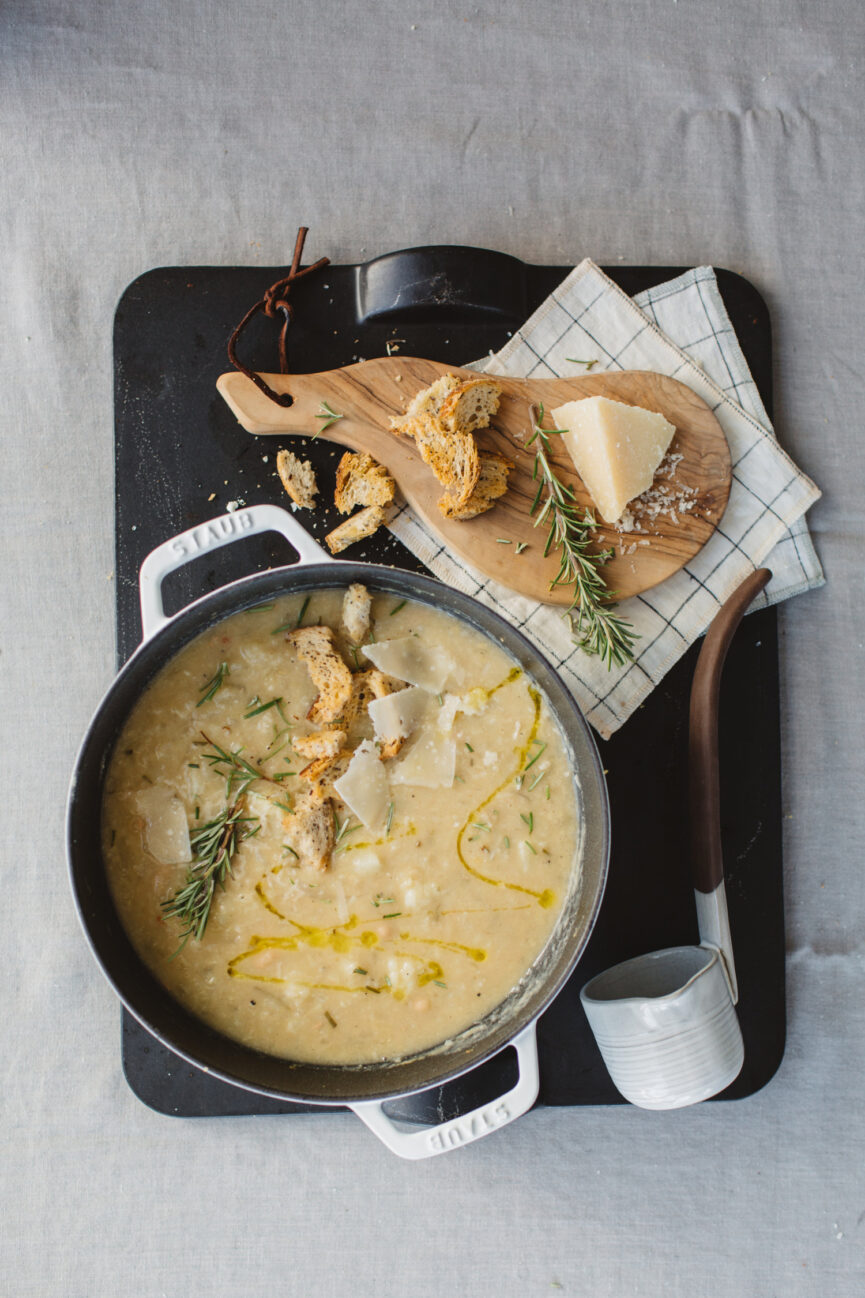 white bean and cauliflower soup in pot