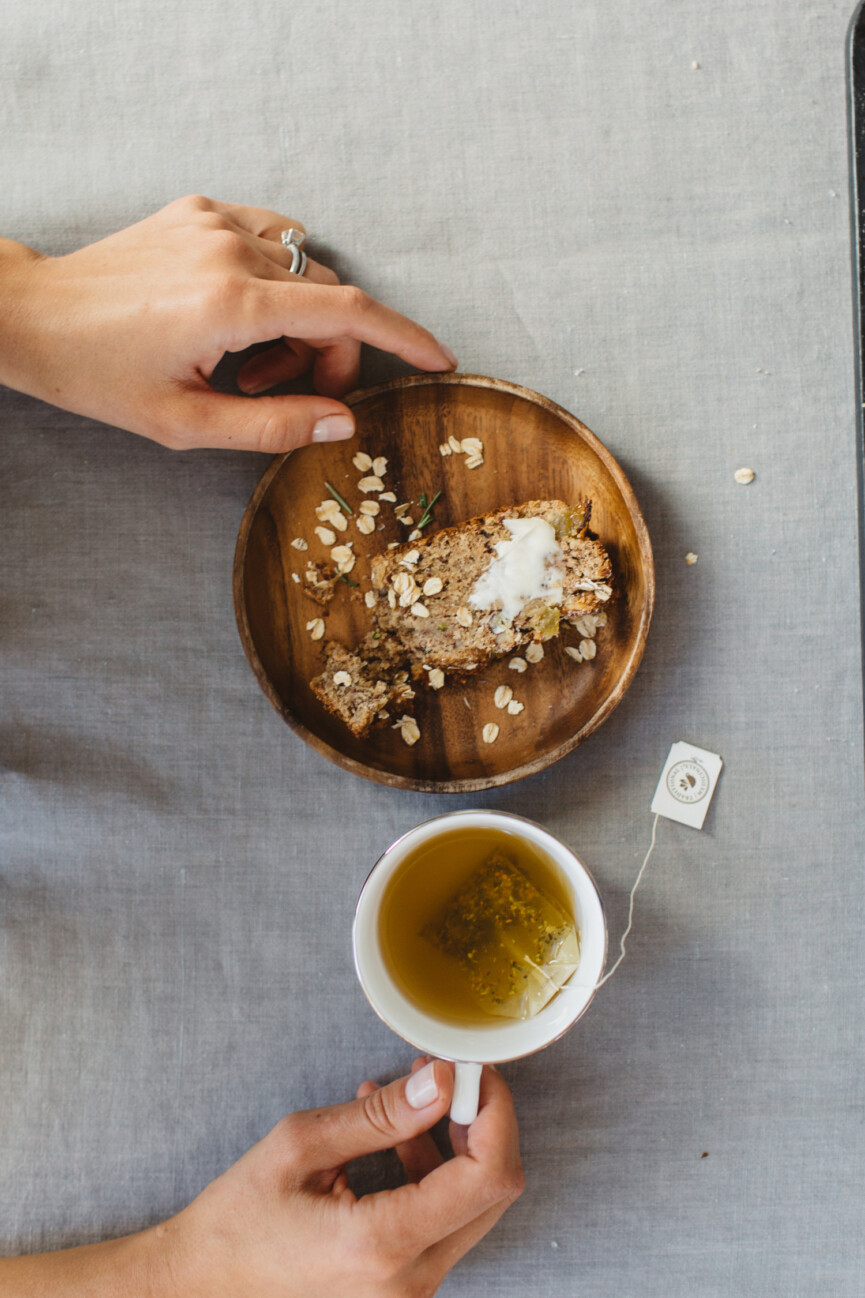zucchini bread with a cup of tea