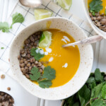 creamy pumpkin soup with curry and lentils