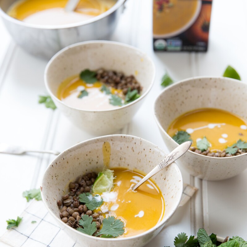 creamy pumpkin soup with curry and lentils