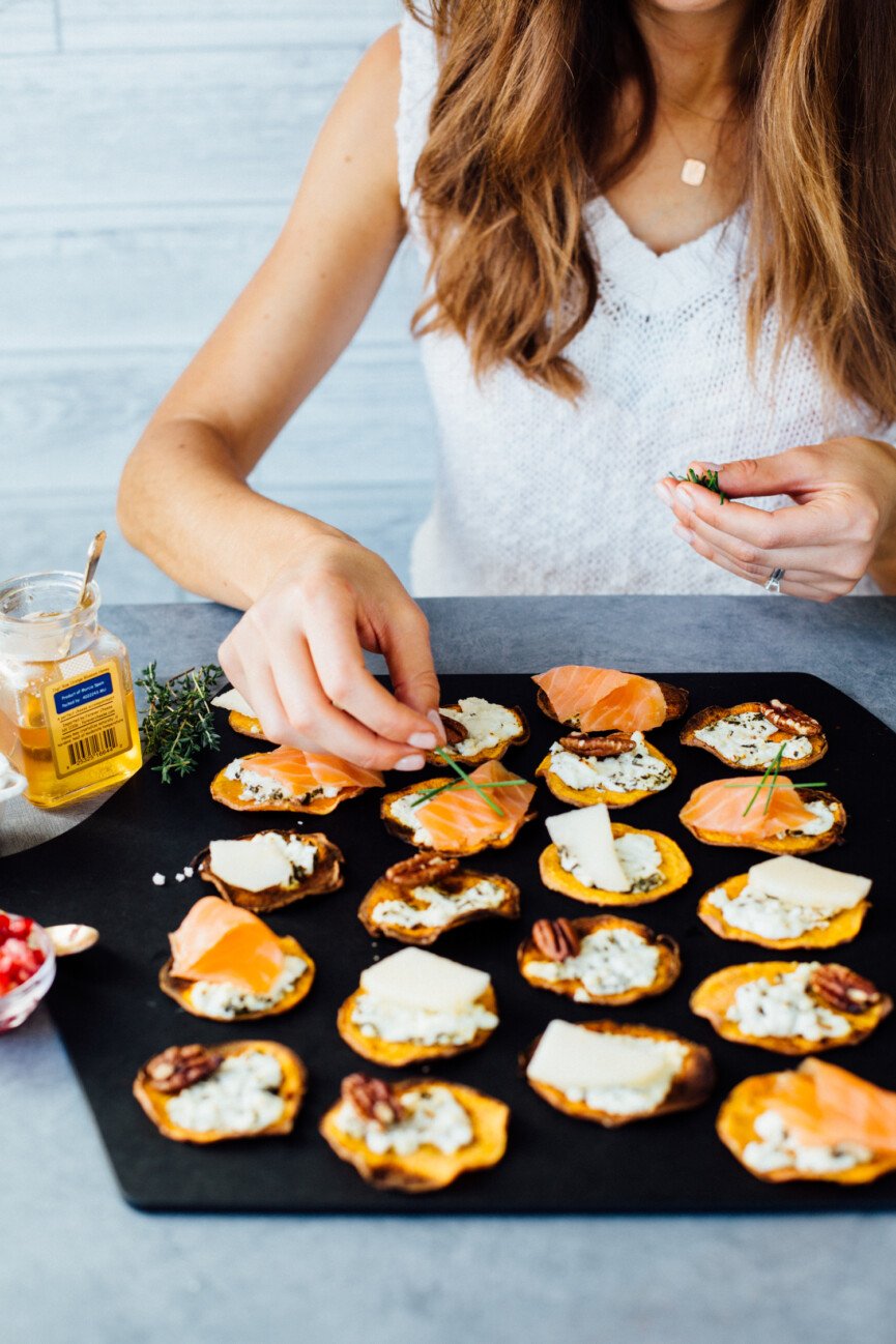 assembling sweet potato crostini