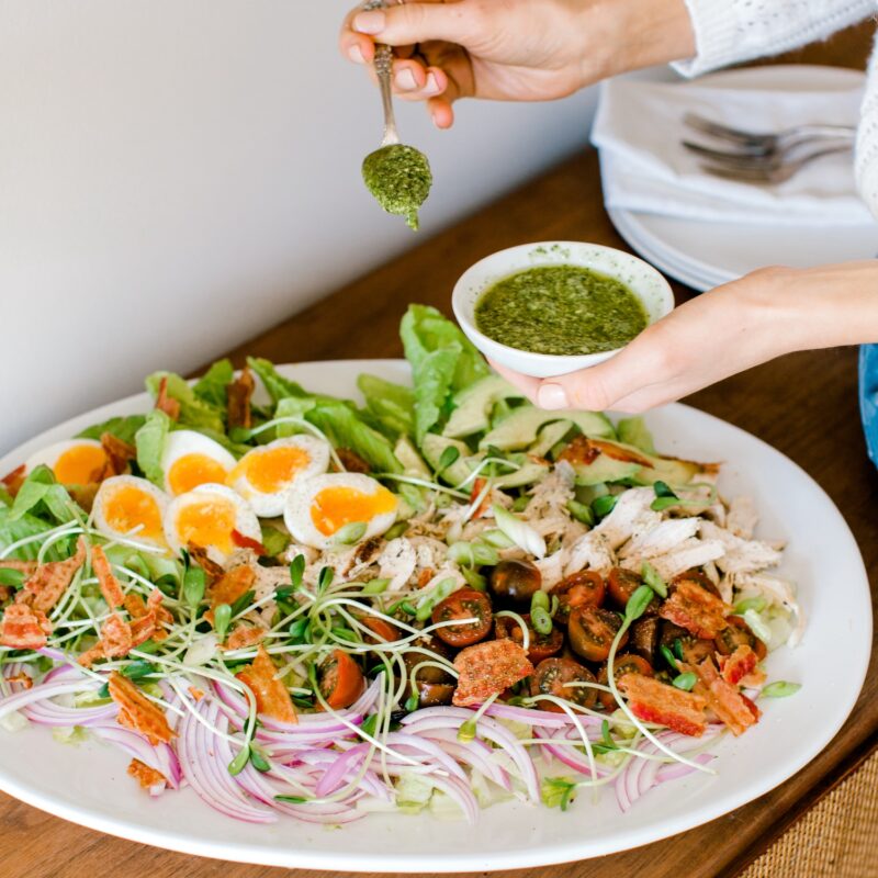 family style pesto chicken cobb salad