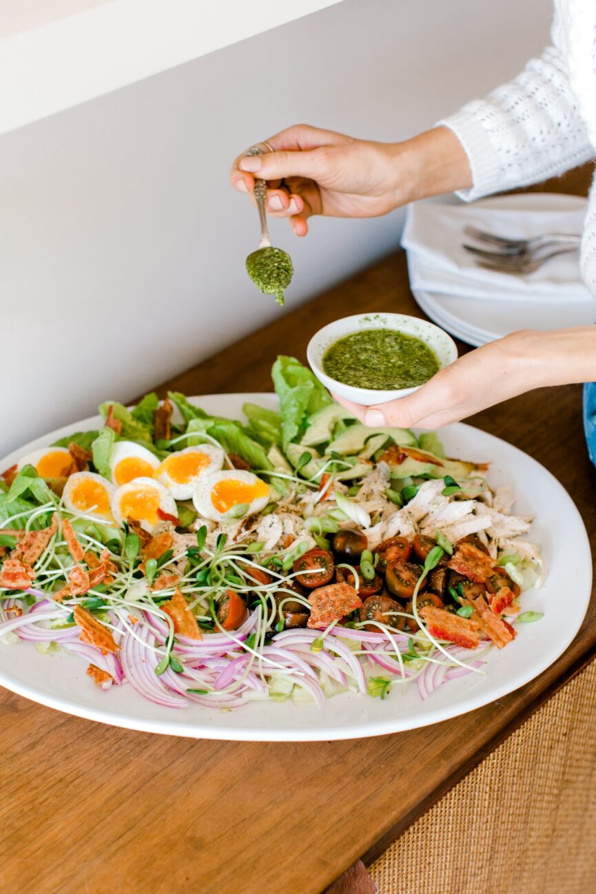 family style pesto chicken cobb salad