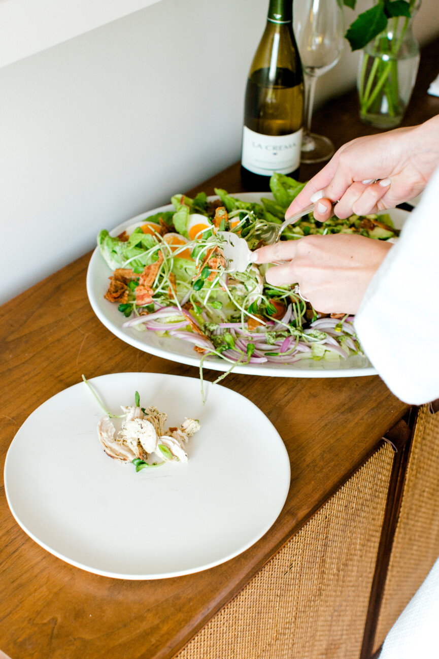 serving pesto chicken cobb salad