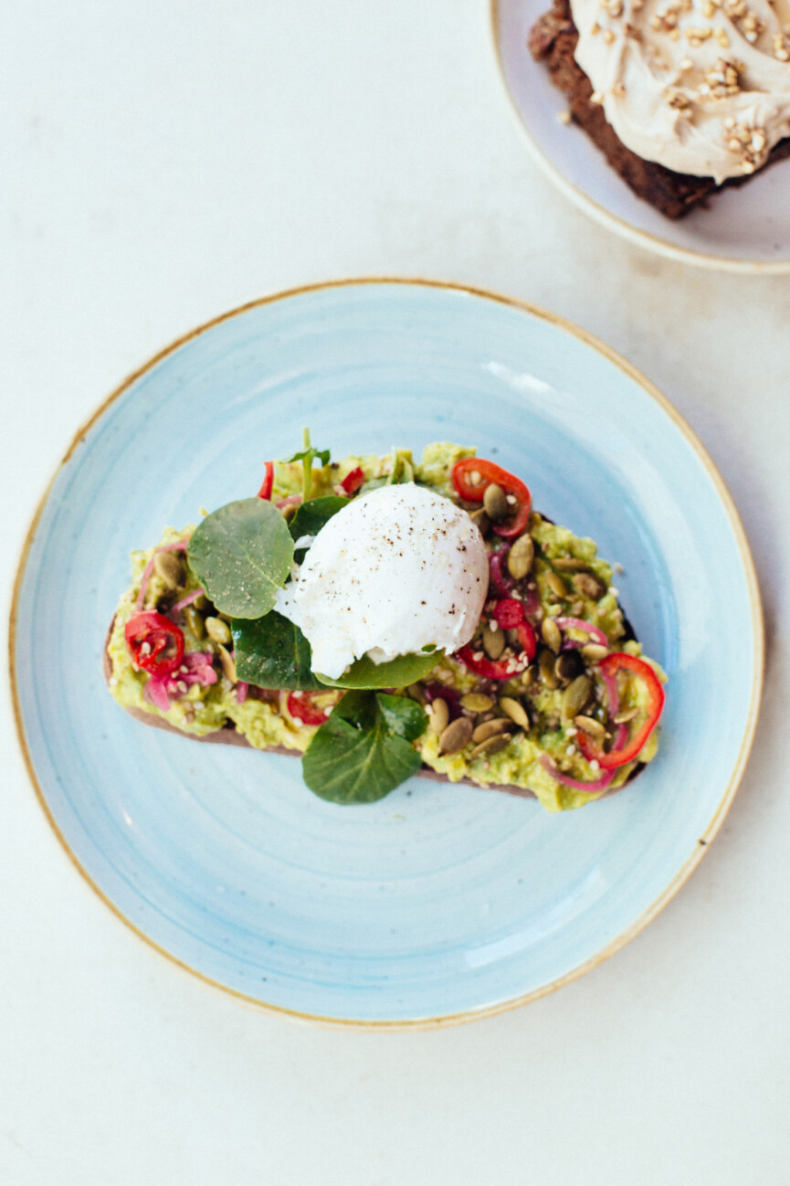 smashed avocado toast two hands NYC