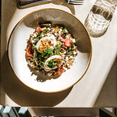 veggie grain bowl with garlic pesto
