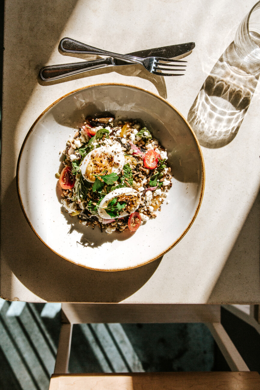 veggie grain bowl with garlic pesto