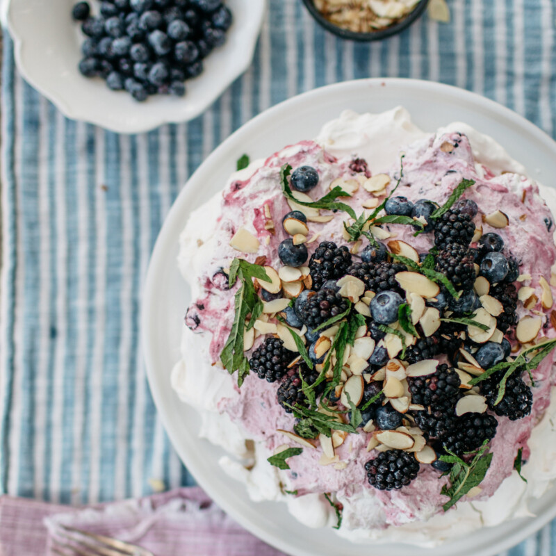 almond and blackberry cream pavlova