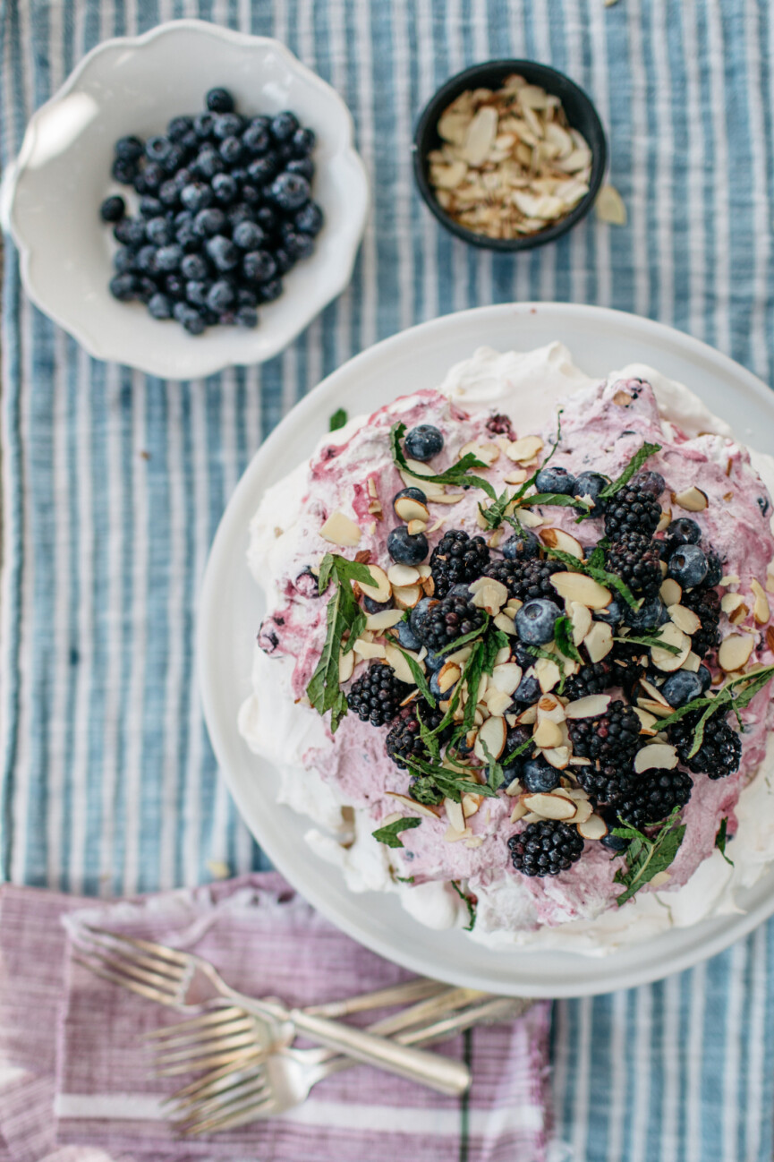 almond and blackberry cream pavlova