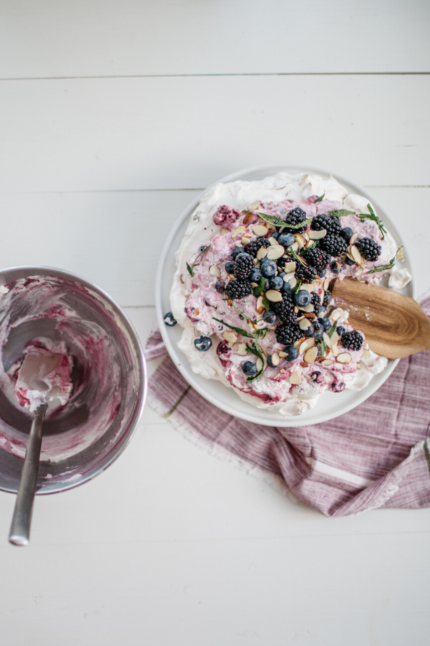 almond and blackberry cream pavlova