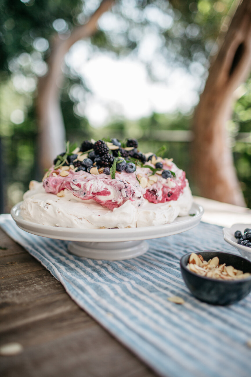 almond and blackberry cream pavlova