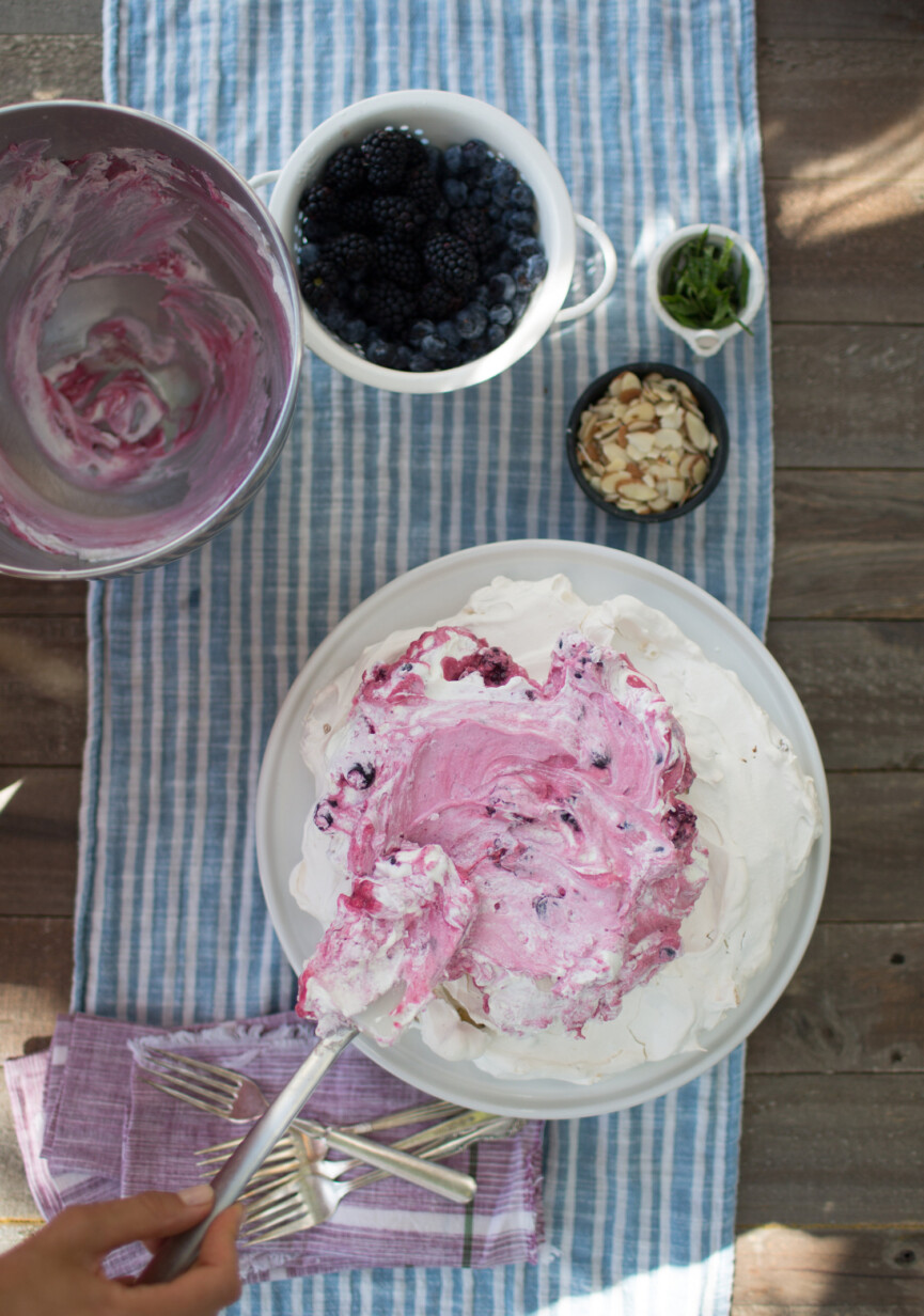 almond and blackberry cream pavlova