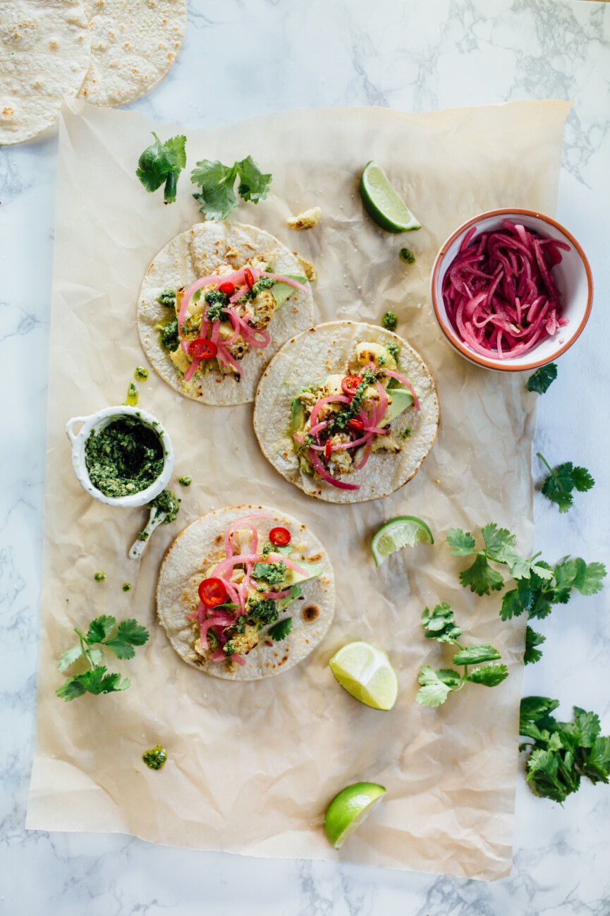 roasted cauliflower tacos with cilantro pesto