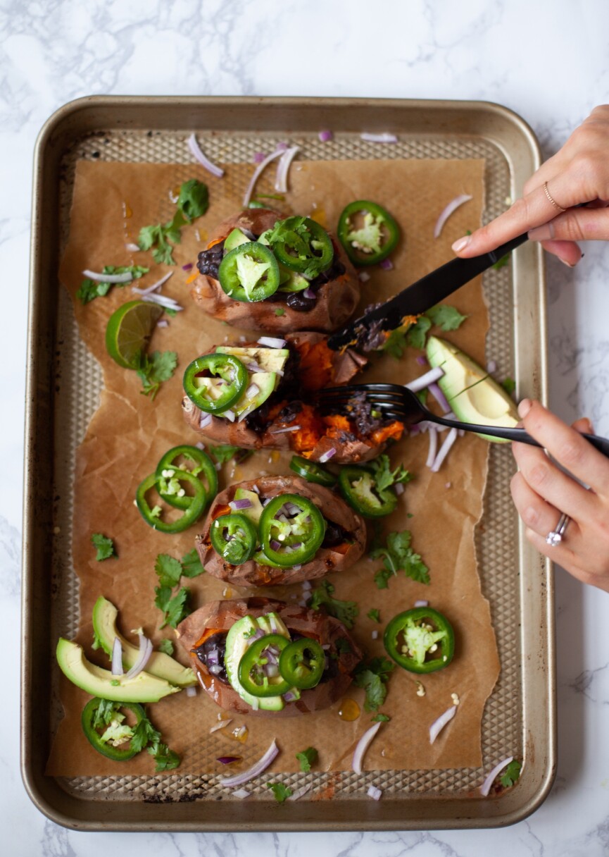 serving spicy stuffed sweet potatoes