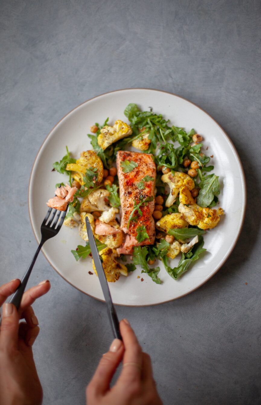 broiled salmon with curried cauliflower