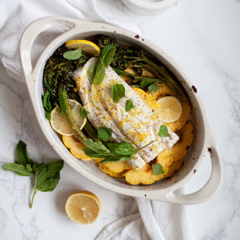 slow roasted cod with broccolini
