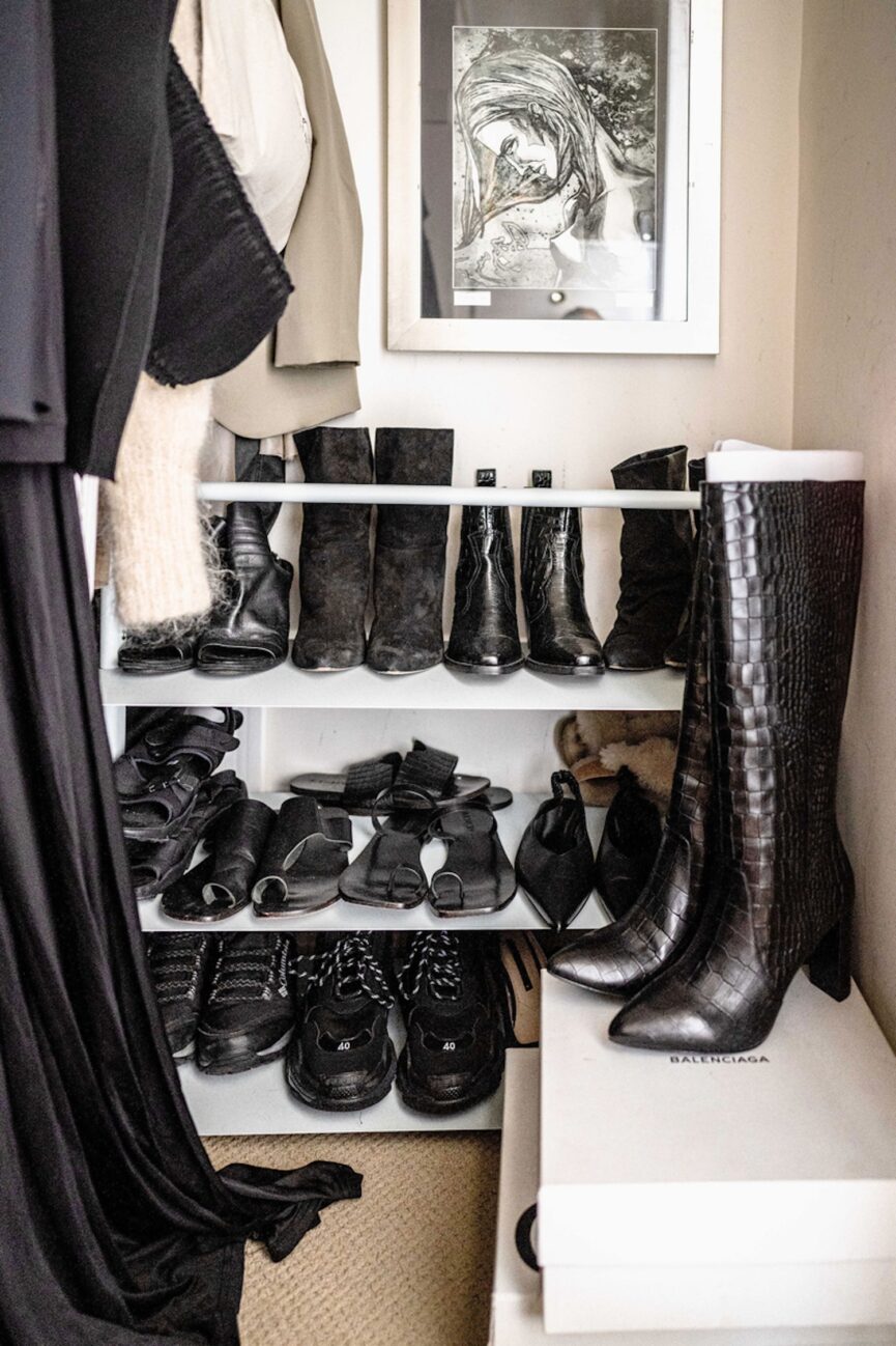 Winter boots arranged in closet.