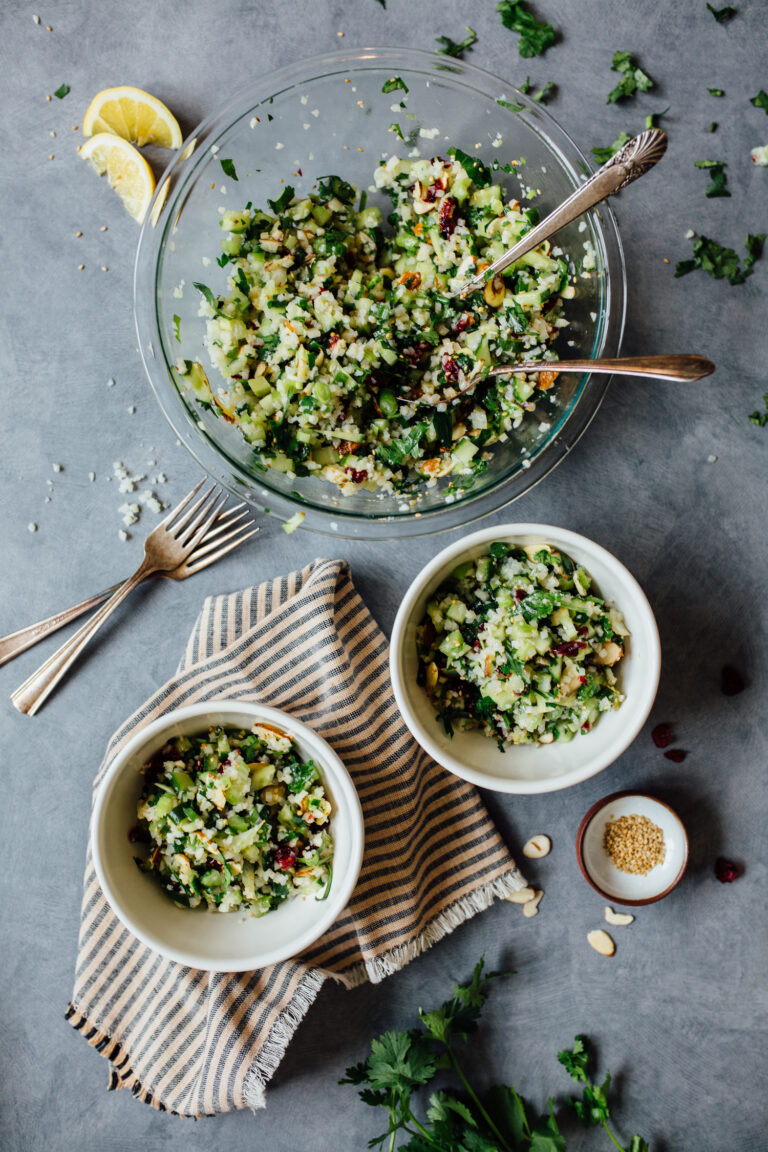 cauliflower tabbouleh in serving bowls