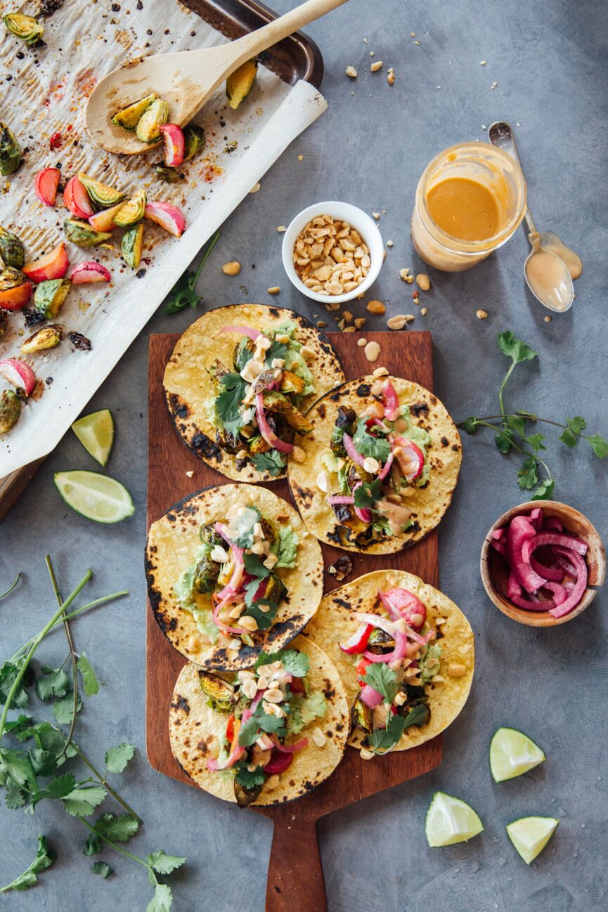 spicy peanut brussels sprout tacos