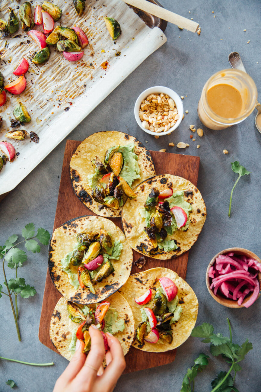 spicy peanut brussels sprout tacos