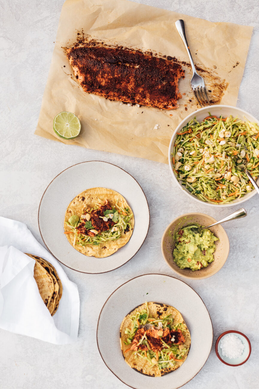 easy salmon tacos with broccoli slaw and sides