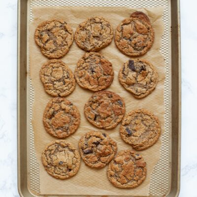 gluten and dairy free chocolate chip cookies on baking sheet