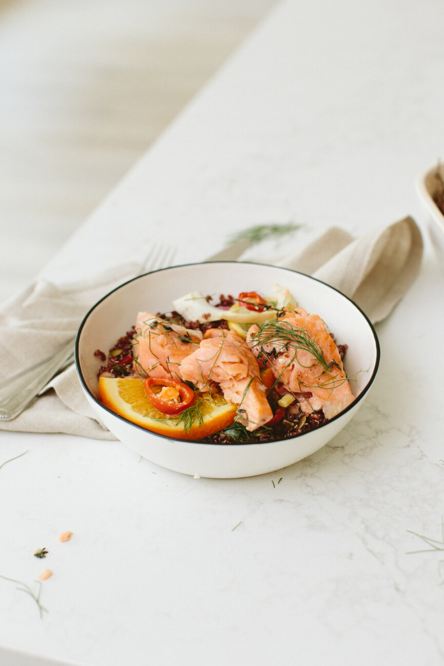 baked salmon with fennel and citrus in bowl