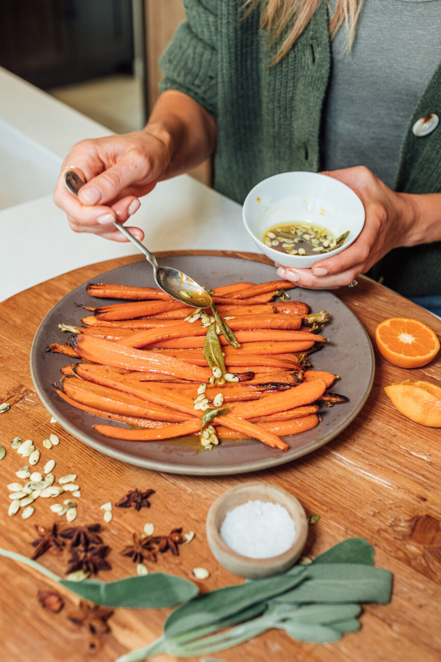 honey roasted carrots with spicy citrus, sage, and pepitas