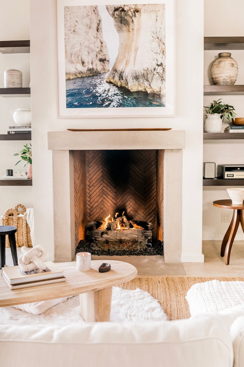 Camille Styles fireplace - neutral living room in Austin