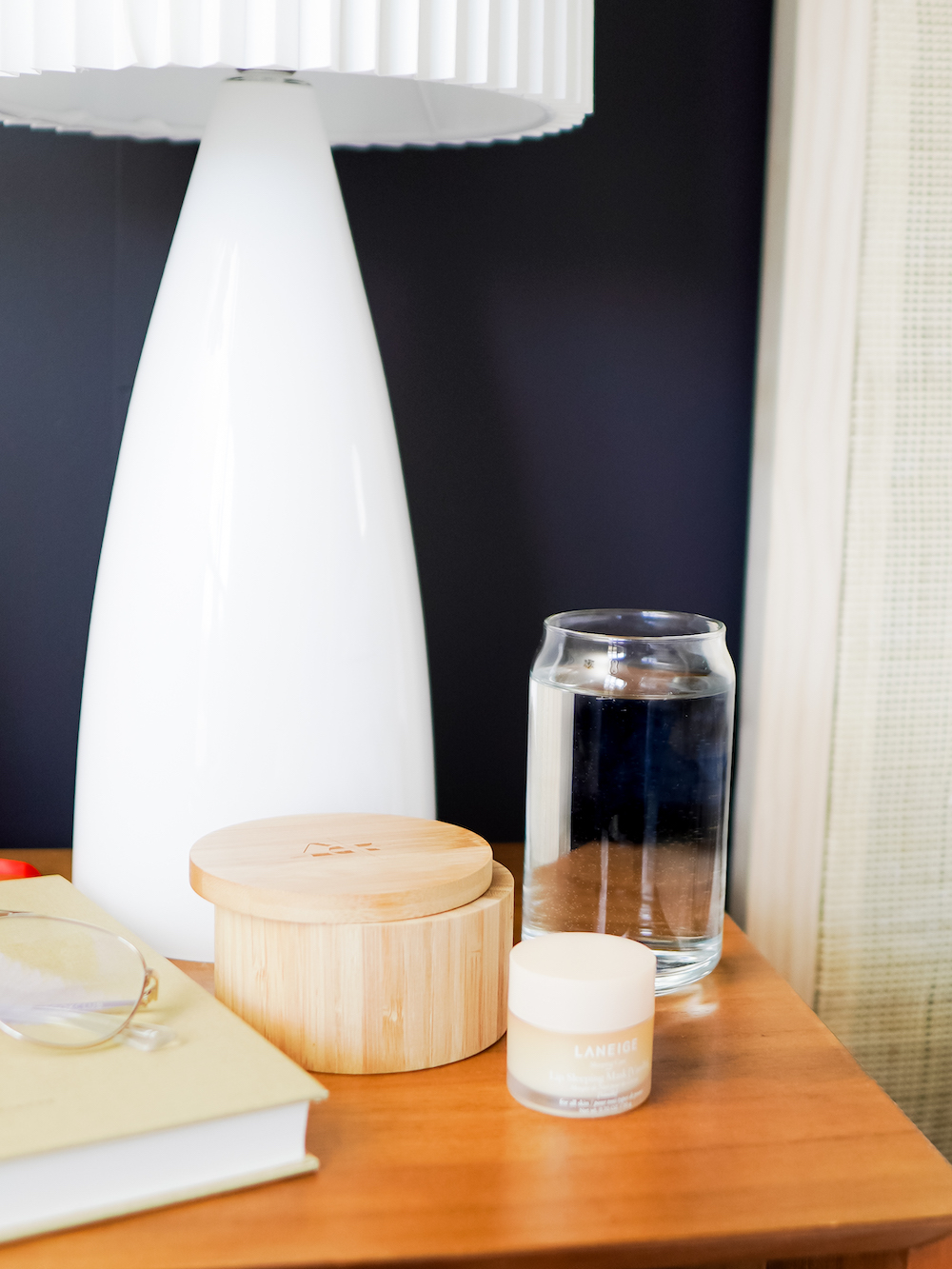 Anna Mae Groves, Stylemakers, bedroom, bedside table, water, navy, candle