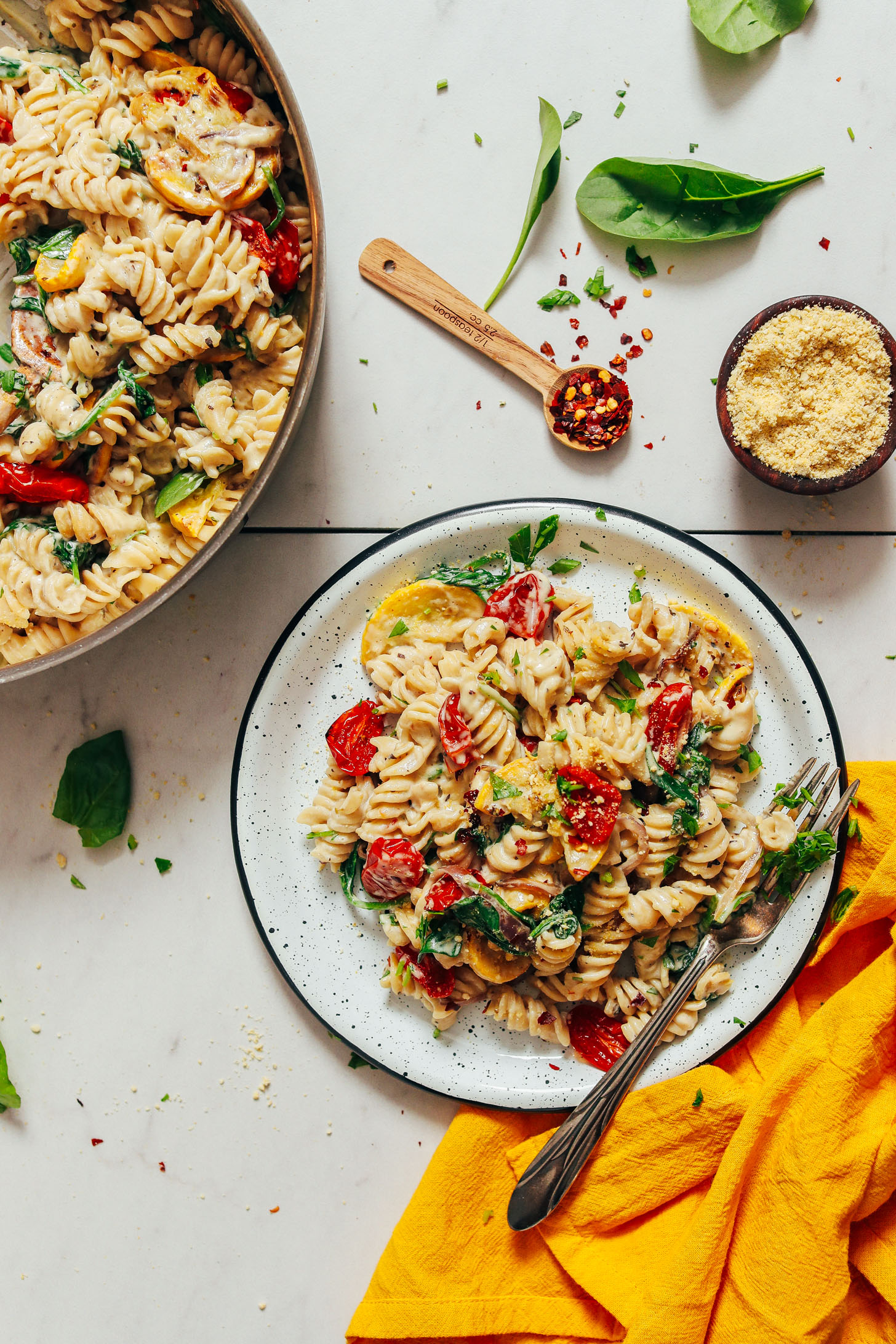 Creamy Vegan White Pasta with Summer Vegetables - light pasta recipes