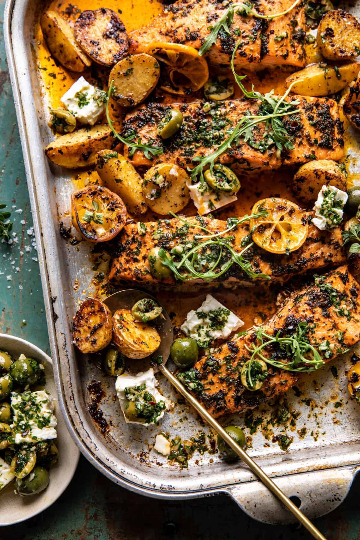 Roasted Lemon Garlic Butter Salmon with Feta and Olives — Half Baked Harvest