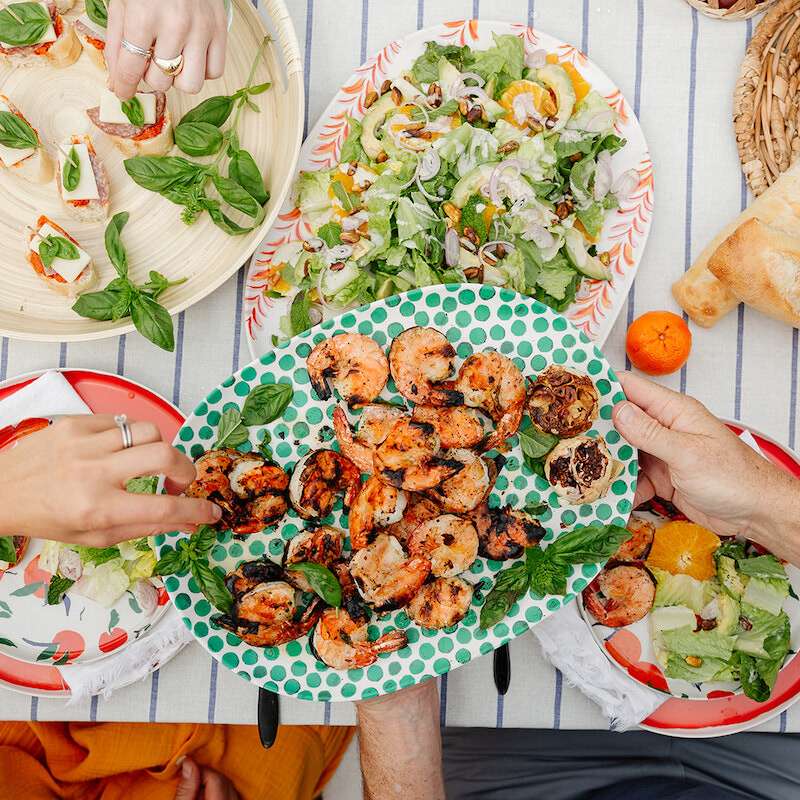 summer grilling wtih target, backyard dinner party, overhead, shrimp and peppers