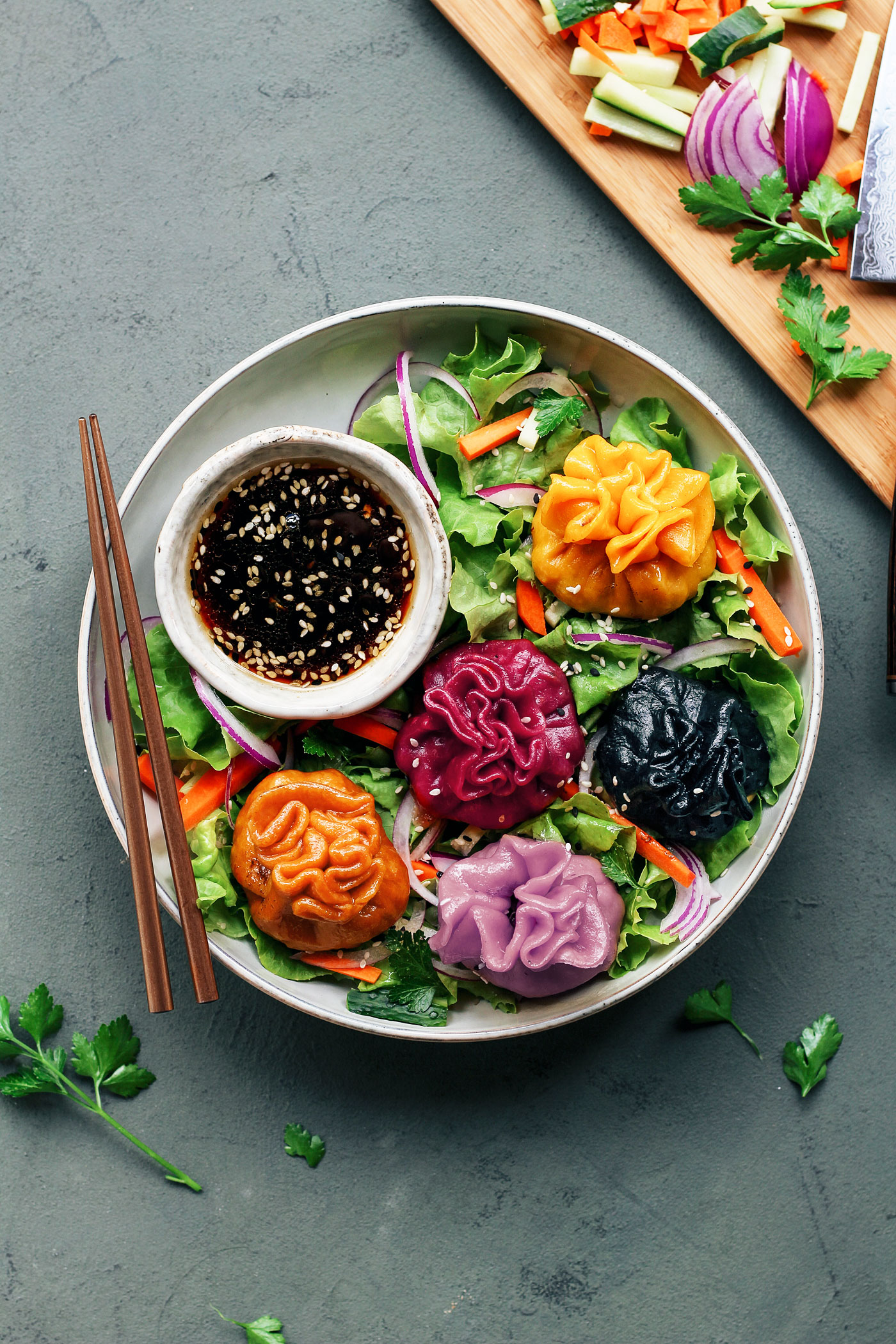 black bean tofu rainbow dumplings - full of plants