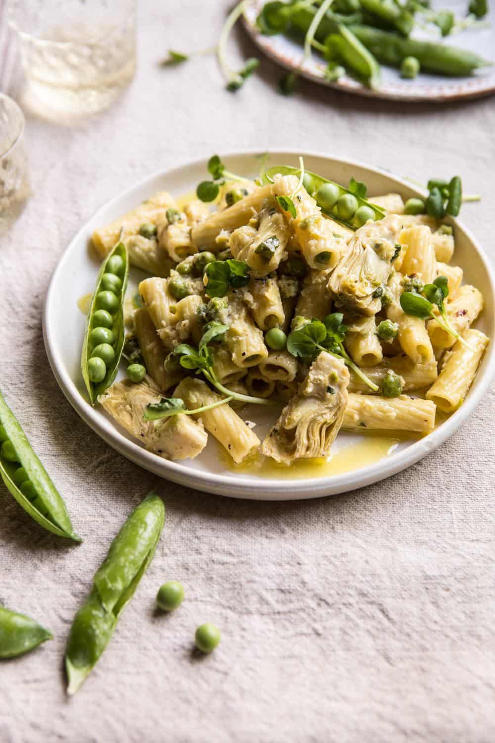 Artichoke and pea rigatoni pasta - half baked harvest