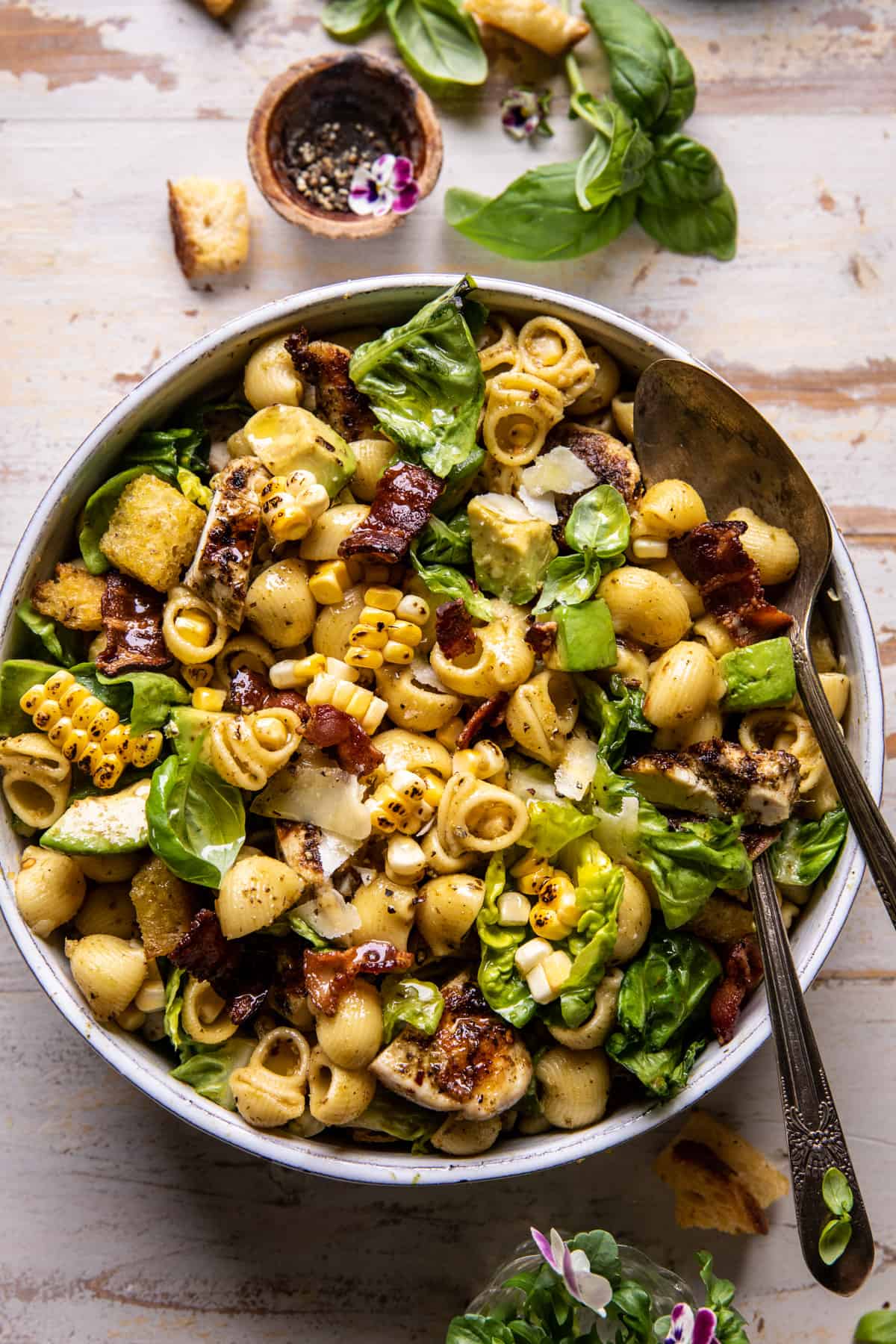 Pesto, chicken, corn, avocado, pasta salad - Half Baked Harvest