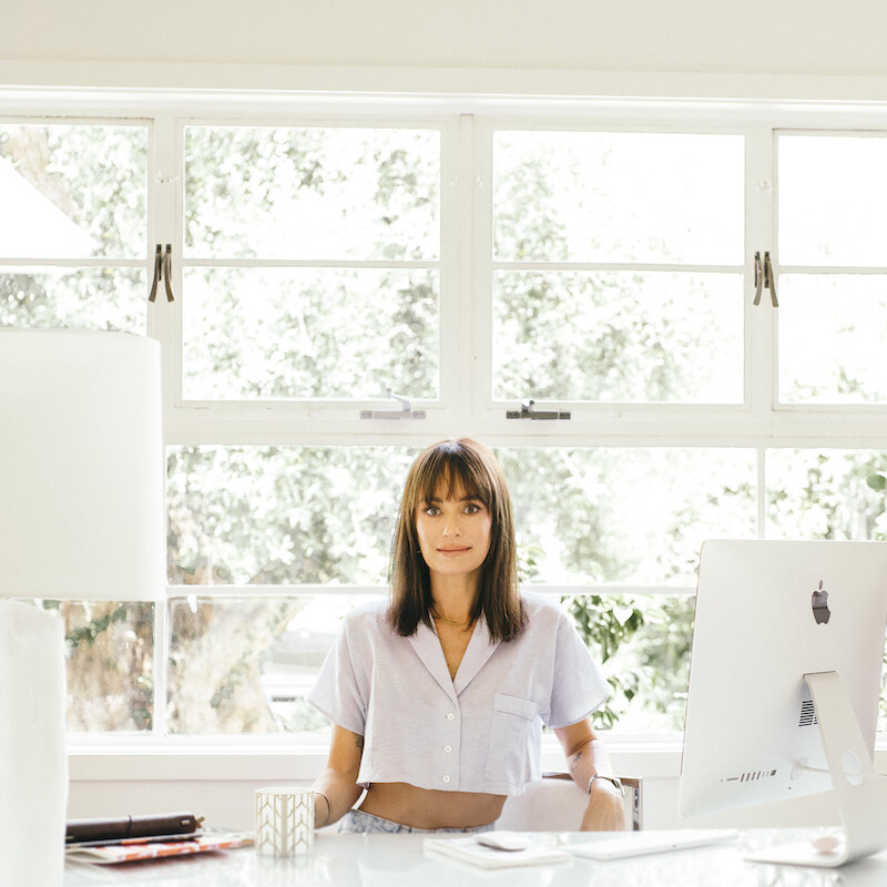 catt sadler's morning routine, desk, home office, workspace, journaling, computer