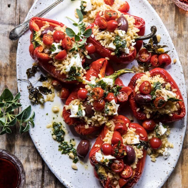 greek orzo stuffed red peppers