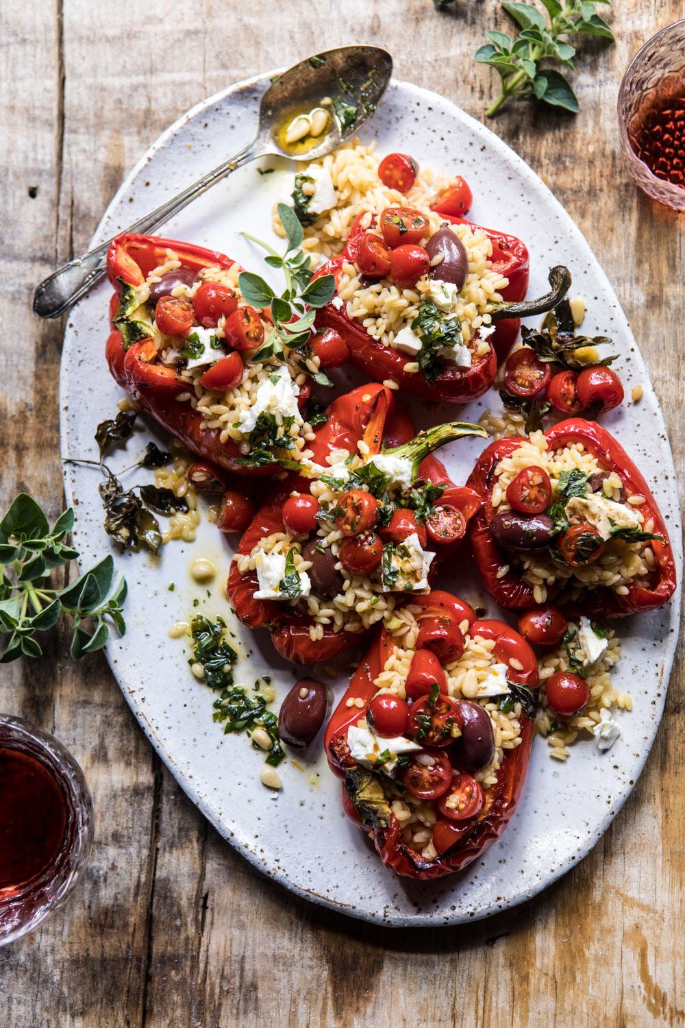 greek orzo stuffed red peppers