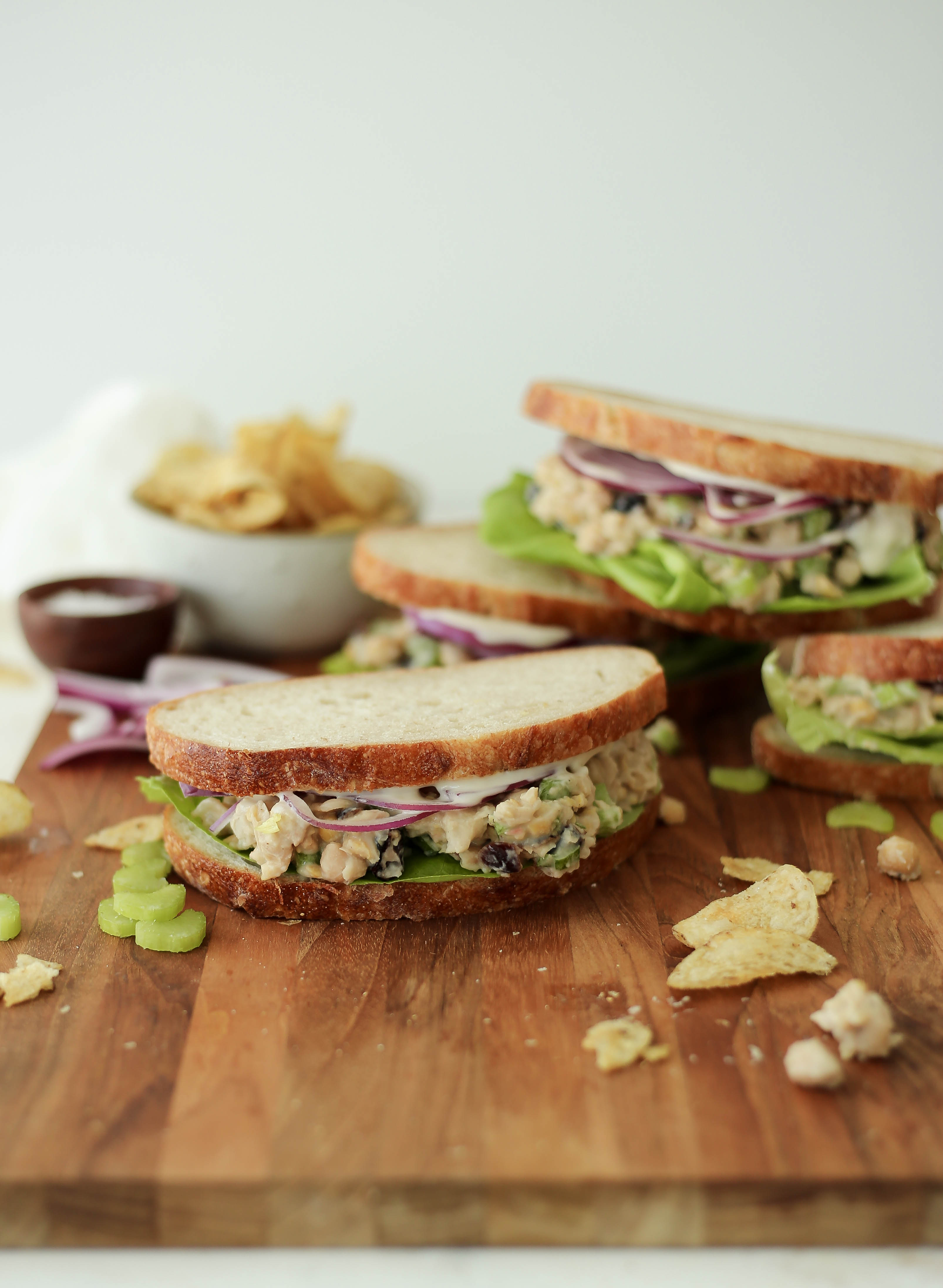 vegan chickpea salad sandwiches with cannellini beans, celery, and cranberries