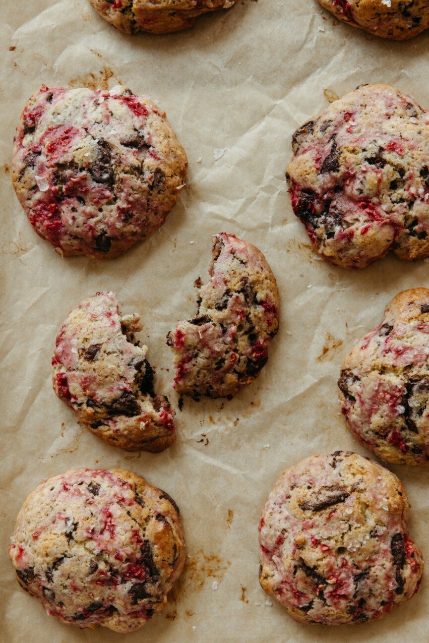 Overhead shot of raspberry dark chocolate cookies — the perfect sweet treat for a better mood