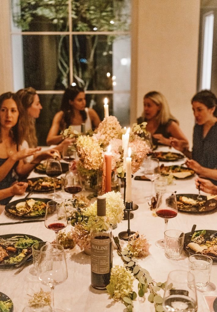 spring tabletop with hydrangeas, camille styles team editor summit - dinner party