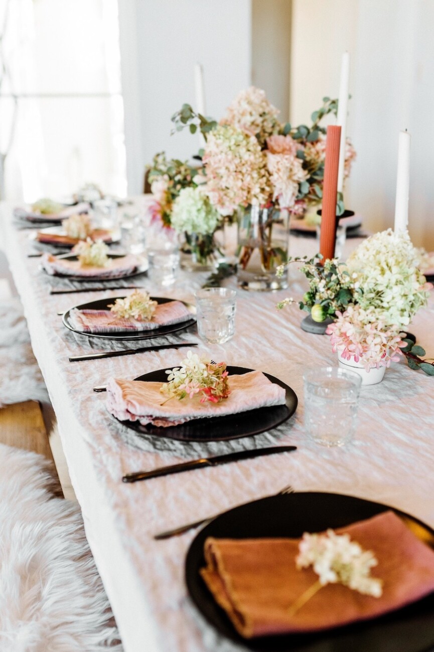 spring tabletop with hydrangeas, camille styles team editor summit